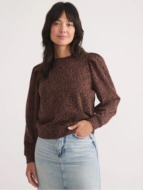 Marine Layer Enya Puff Sleeve Sweatshirt Deep Cheetah Print Cotton Tencel